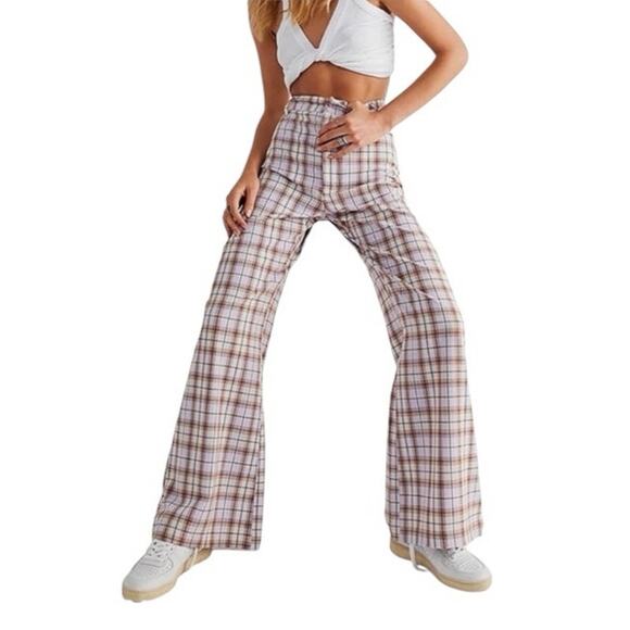 FREE PEOPLE Plaid Jules Flare Leg High Waist Pants Light Purple EUC Size 4 - Picture 2 of 8